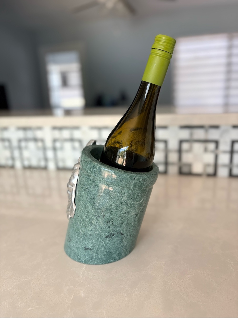 Vintage Angled Solid Green Marble & Pewter Wine Chiller | Grape Harvest Cooler - Picture 6 of 11